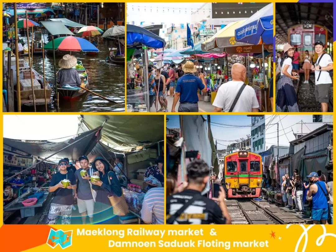 Floating Market & Temple Day Tour: Damnoen Saduak, Maeklong Train, Grand Palace and Sunset View Hidden Cafe