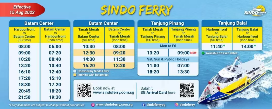 新加坡 - 丹戎巴來（Tanjung Balai）輪渡往返票（Sindo Ferry提供）