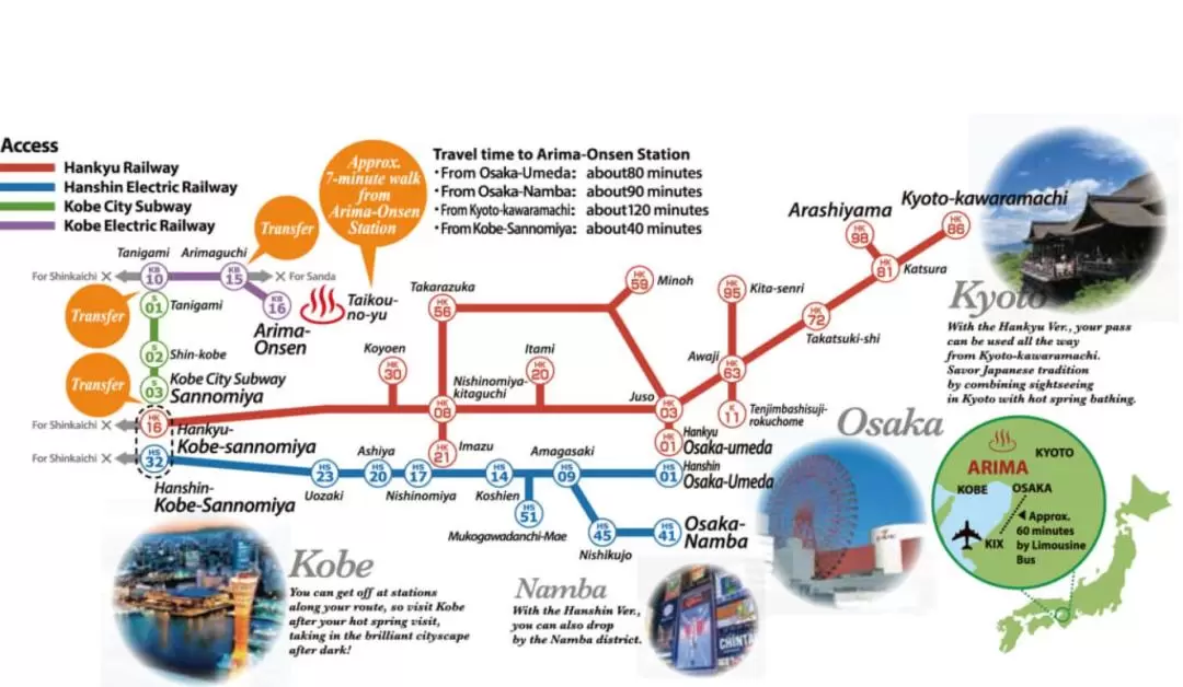 Arima Onsen Taikou-no-yu Package Tickets with Hankyu or Hanshin Ver. Railway Pass